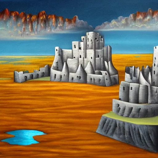 Prompt: the fortress of misfortune, surrealist landscape painting