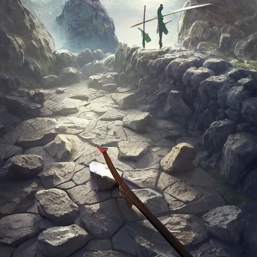 Image similar to a sword stuck in between stones on the ground, organic painting, sunny day, matte painting, bold shapes, hard edges, street art, trending on artstation, by huang guangjian, gil elvgren, ruan jia, randy vargas, greg rutkowski