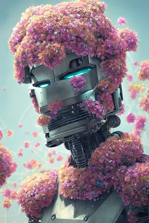 Prompt: a painting of a robot with flowers in his face, a raytraced image by Mike Winkelmann, cgsociety, panfuturism, made of flowers, cryengine, prerendered graphics