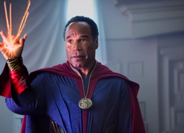 Prompt: film still of oj simpson as dr strange using magic in multiverse of madness, 8 k