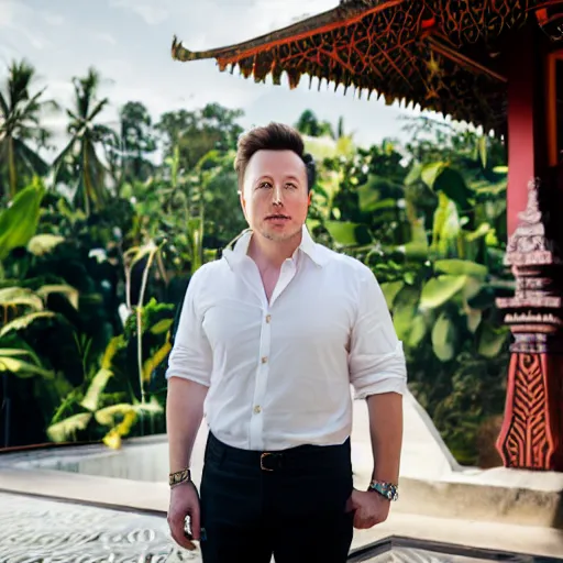 Image similar to A Photo Portrait of elon musk Wearing Indonesian Batik at a Balinese temple, award winning photography, sigma 85mm Lens F/1.4, blurred background, perfect faces