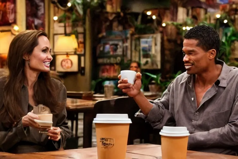 Image similar to angelina jolie and the predator, best friends, drinking coffee at central perk, still photo, hyperrealistic, 35mm, 8k, by weta digital
