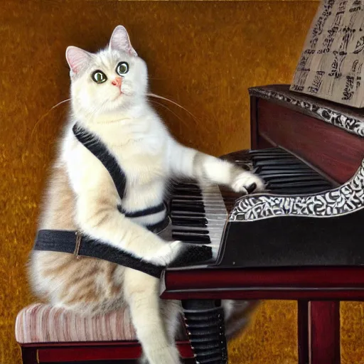 Prompt: a ragdoll cat wearing Japanese armor playing piano , oil painting, 4k,