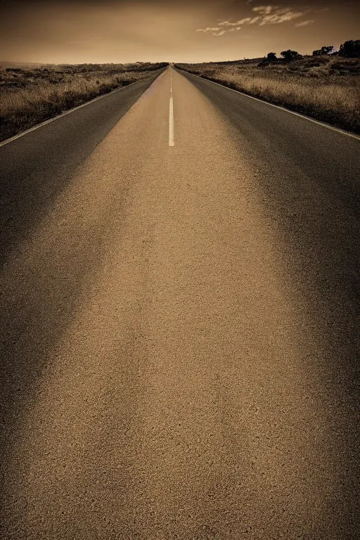 Image similar to photo of a road with no end, sepia dust filling background, photorealistic, tonemapped