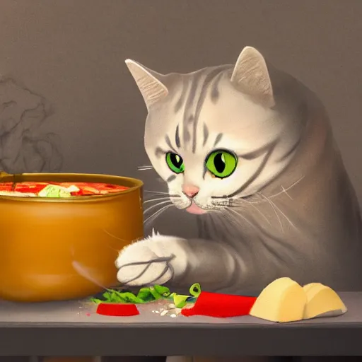 Image similar to a cat cooking soup, stirring a pot with a ladle and cutting vegetables, fantasy illustration, trending on artstation, deviantart, very realistic, 4k