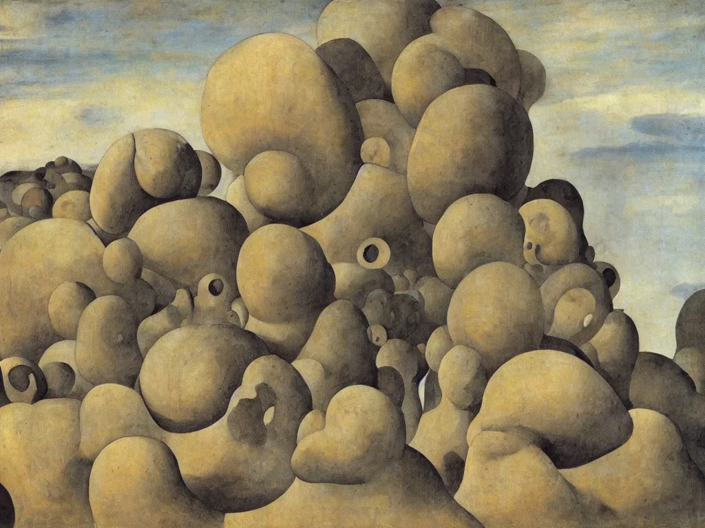 Prompt: Seashell labyrinth architecture, asteroid crater, strange stone alien creatures sculpted by Brancusi. Painting by Lucas Cranach, Morandi