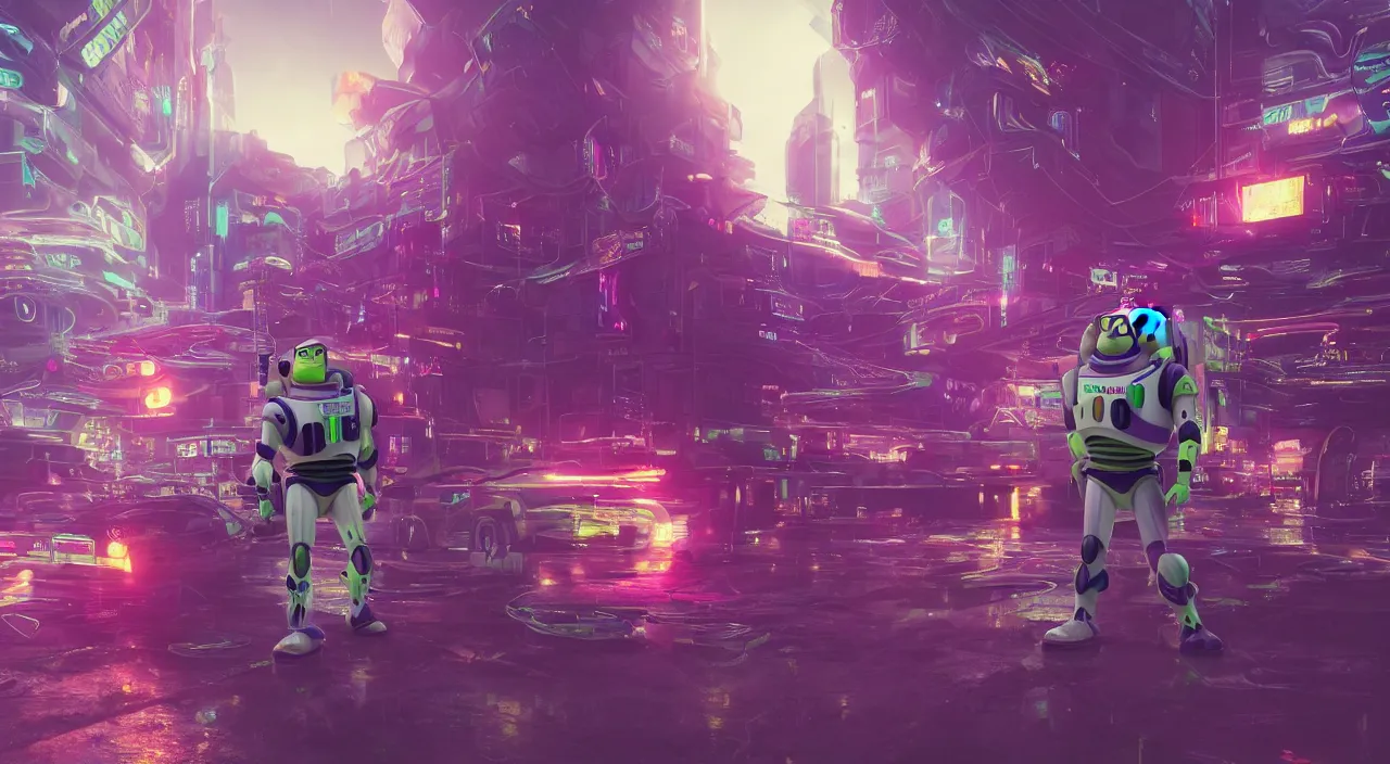 Image similar to 2 0 2 2 buzz lightyear, cyberpunk art by mike winkelmann, shutterstock contest winner, space art, darksynth, retrowave, synthwave