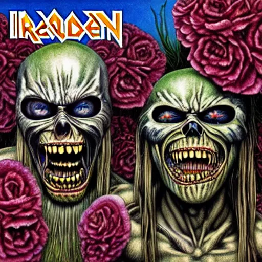 Prompt: an album cover for iron maiden record called flowers by derek riggs, realistic, insanely detailed illustration, hd