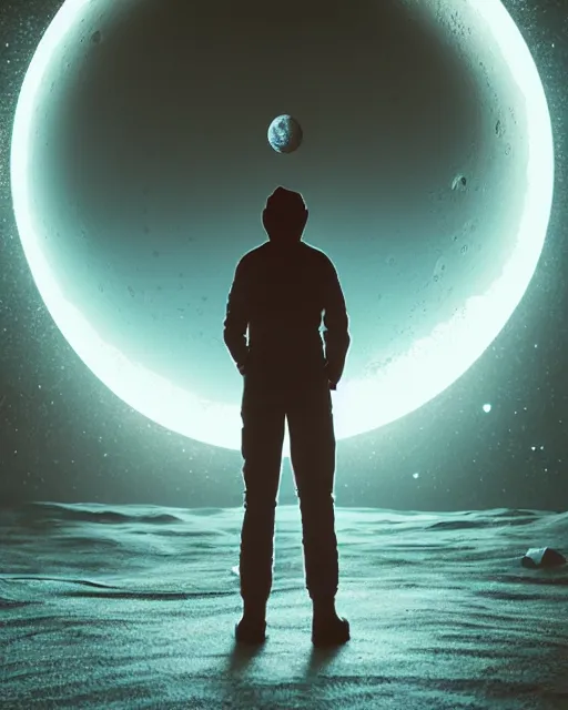 Prompt: a person standing in front of an open door that's on the moon, poster art by mike winkelmann, trending on cg society, space art, sci - fi, ue 5, futuristic, volumetric lighting