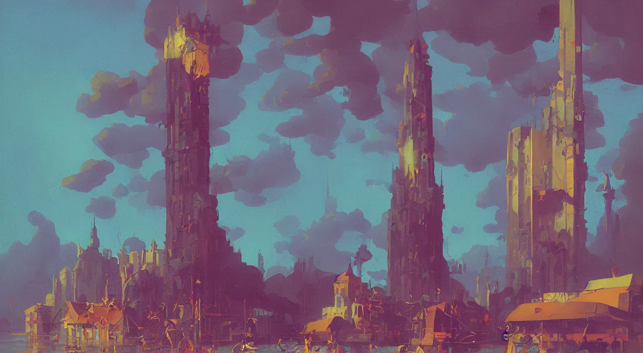 Prompt: flooded colorful single weird tower, very coherent high contrast!! painting by simon stalenhag carl spitzweg rene magritte syd mead norman rockwell edward hopper james gilleard, dark shadows, sunny day, triadic color scheme, hard lighting, masterpiece