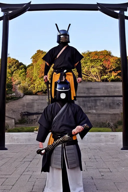 Prompt: a godlike and indomitable helmeted and masked samurai posing with their realistic detailed katana and wakizashi under an enormous Torii gate, giant rising sun in the background. Badass pose. Photo realistic. Award winning