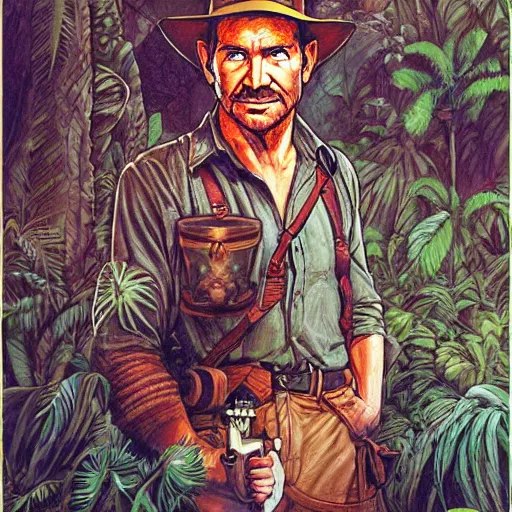 Prompt: portrait indiana jones with a temple in the rainforest in the back by james jean