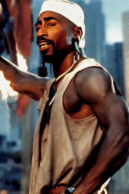 Image similar to film still of Tupac as John McClane in Die Hard, 4k