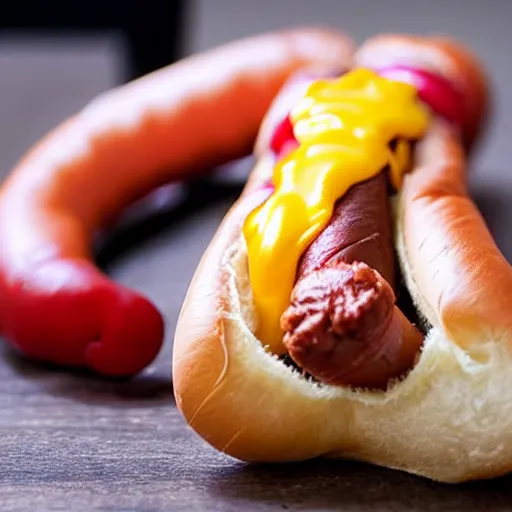 Image similar to a hotdog biting its own tail