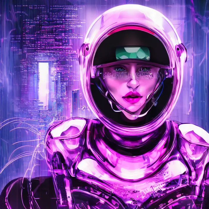 Image similar to biker girl in cybernetic helmet beautiful realistic symmetrical defined face, slight smile and open eyes, anatomically correct, cyberpunk, full portrait, high detail, realistic, synthwave neon pink and blue and red and purple and black