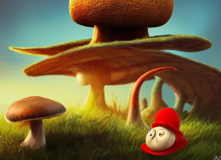 Prompt: a cute dr seuss creature sitting next to a mushroom, golden hour, fantasy, sharp focus, digital art, hyper realistic, 4 k, unreal engine, highly detailed, hd, dramatic lighting by brom, trending on artstation