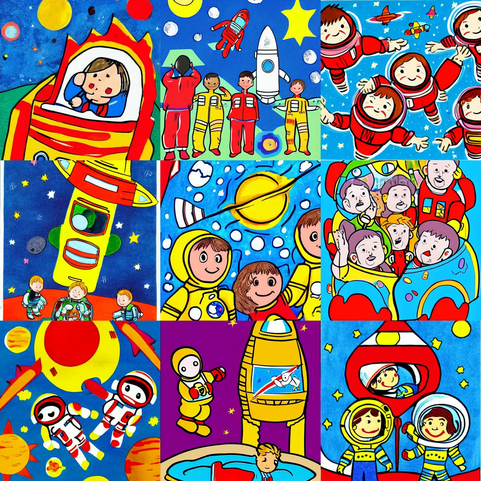 Prompt: Quickly putting on their space suits, the children climbed into the rocket ship. , Childrens Illustration, in the style of Dorothy Brook