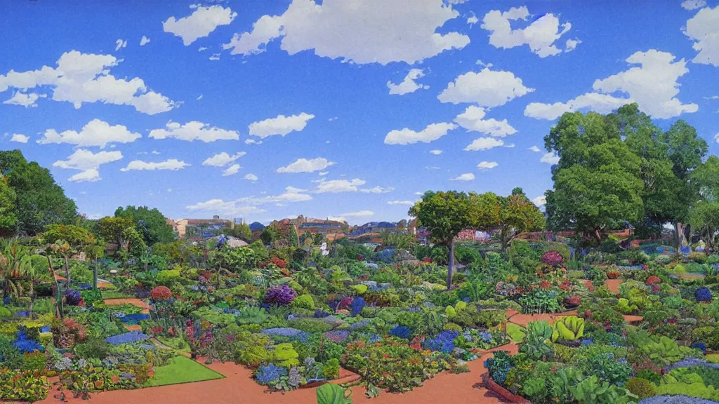 Prompt: an artificial garden with blue skies, landscape, moebius,