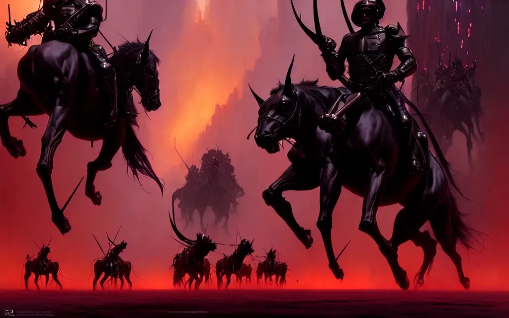 Image similar to a cinematic scene of an army of black demonic cavalry by moebius and stephan martiniere, trending on artstation, digital art, 4 k resolution, detailed, high quality, sharp focus, hq artwork, insane detail, cinematic, volumetric lighting, dramatic lighting, epic light, cinematic aesthetic