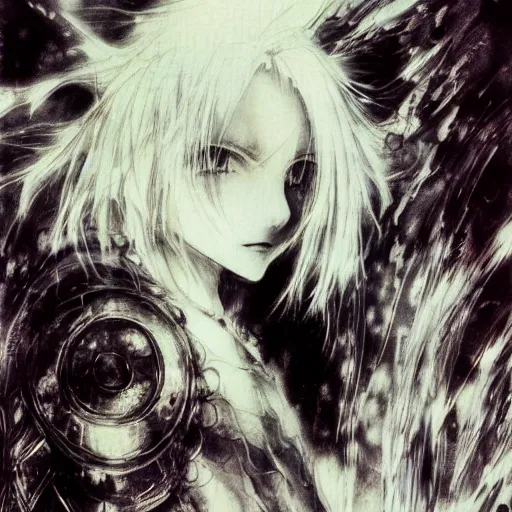 Image similar to yoshitaka amano blurred!!! and dreamy illustration of an anime girl with wavy white hair and cracks on her face wearing elden ring armor with the cape fluttering in the wind, abstract black and white patterns on the background, noisy film grain! effect, highly detailed, renaissance oil painting, weird portrait angle