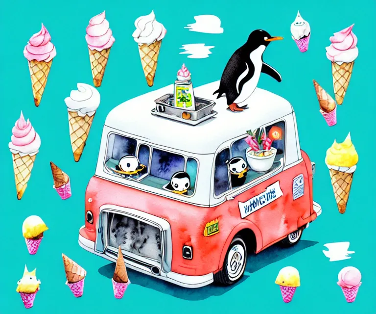 Image similar to cute and funny, penguin riding in a tiny ice cream truck with an oversized engine, ratfink style by ed roth, centered award winning watercolor pen illustration, isometric illustration by chihiro iwasaki, edited by range murata, tiny details by artgerm and watercolor girl, symmetrically isometrically centered, sharply focused