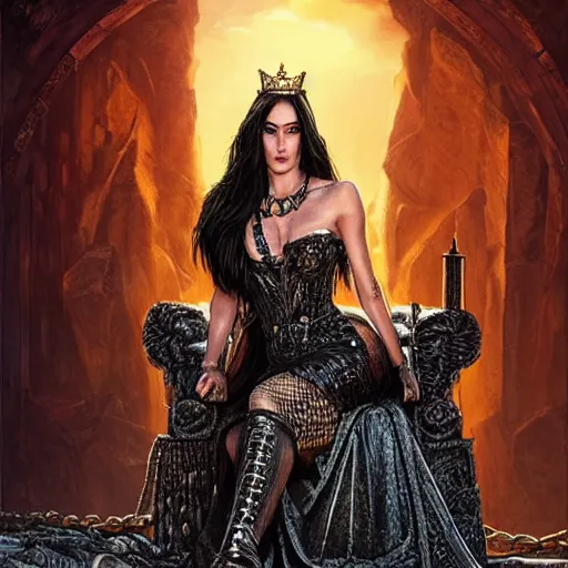 Image similar to a queen is sitting on her throne dressed in chains, looks like megan fox, beautiful highly detailed face, complementary lighting, backlit, black eyeshadow, grinning, adventure, dramatic lighting, landscape background, beautiful painting by artgerm and greg rutkowski and raymond swanland