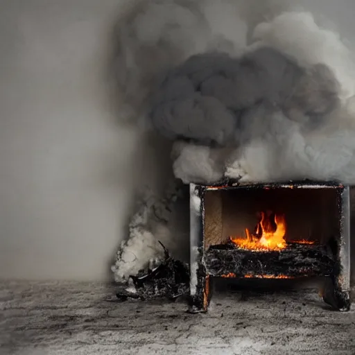 Prompt: inside of burning house living room furniture on fire smoke ashes very cinematic exquisite detail hyperrealism