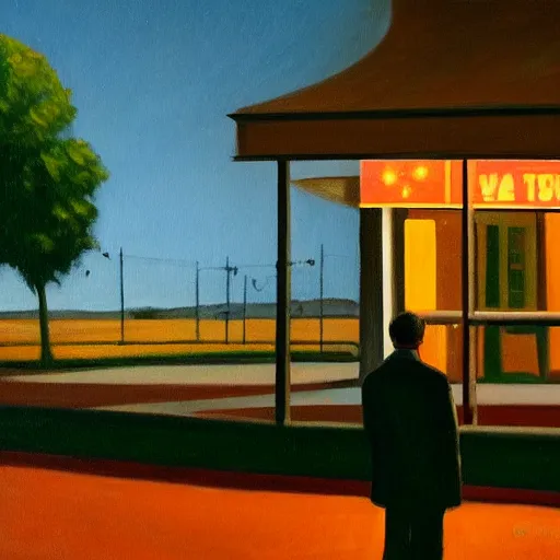 Image similar to a painting of a lonely man with a skull as his head waiting for the bus, green dramatic and cinematic light, the sky is full of stars, in the style of edward hopper, 4 k,