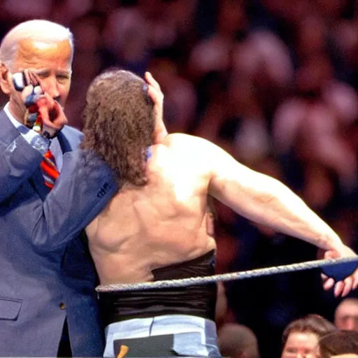 Image similar to joe biden getting body slammed at 1 9 9 9 wrestlemania