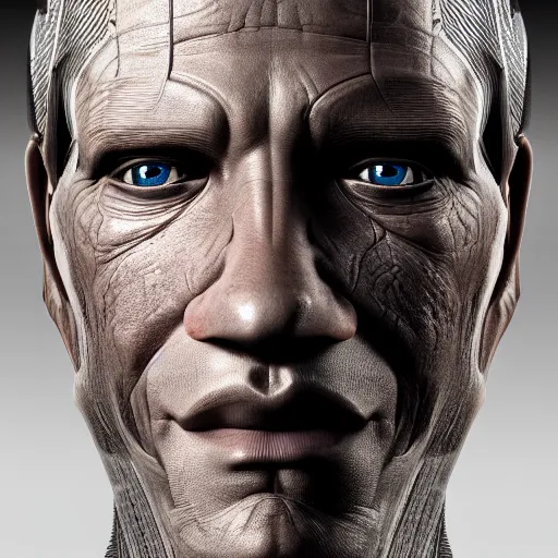 Image similar to portrait of a man with a robotic face,digital art,hyperdetailed,detailed face,photorealistic,professional lighting,studio camera,50mm lens,art by trevor henderson,artstation,deviantart