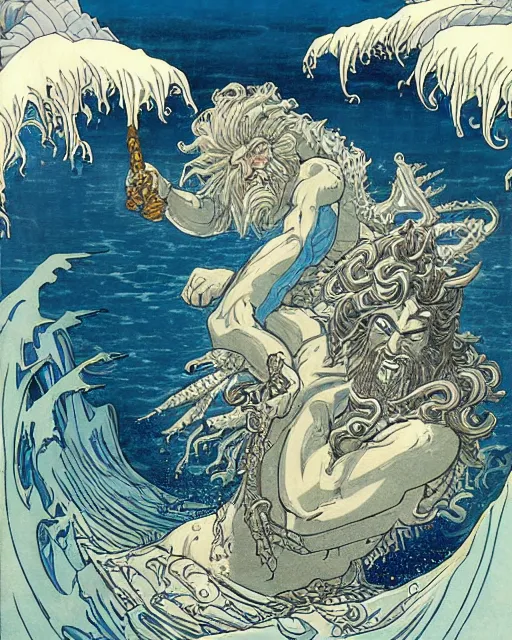 Image similar to royal king of the ocean poseidon world of warcraft god by hokusai and james gurney