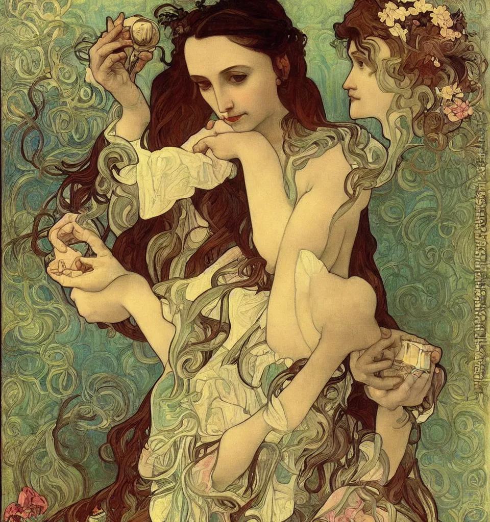 Image similar to a beautiful arrogant surreal greek lady drinking tea looking disdained, rennaisance painting, whimsical, pastel color palette, by leonardo da vinci and alphonse mucha