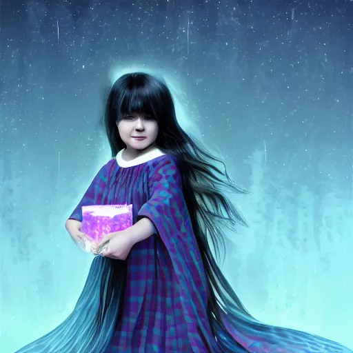 Image similar to mysterious girl child with her long black hair dressed in a chequered cape, carrying blue very big magical crystal, digital art, hd, 4 k, hyper detailed