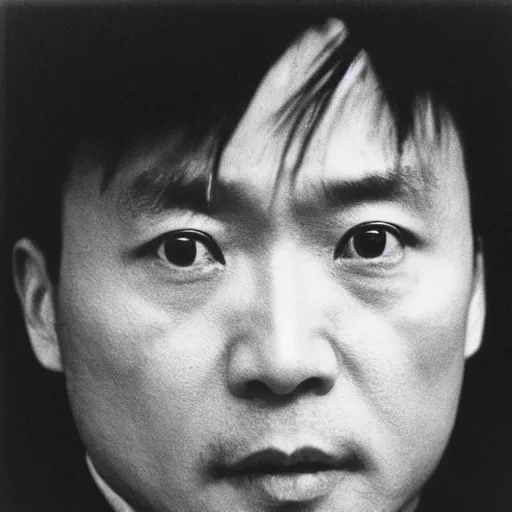 Image similar to photo of Leslie Cheung Kwok Wing by Diane Arbus, extreme closeup, black and white, high contrast, Rolleiflex, 55mm f/4 lens