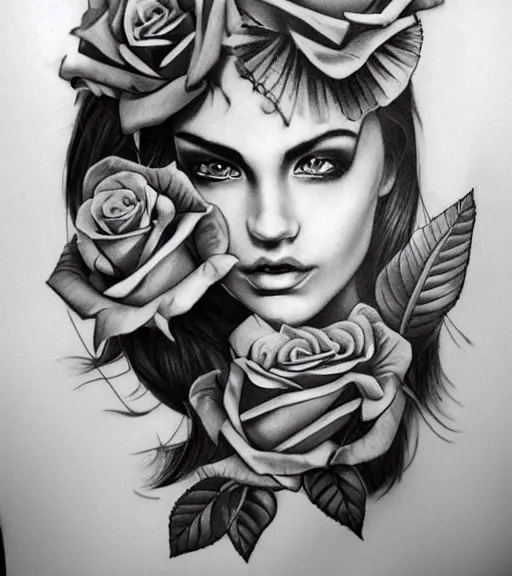 Prompt: tattoo design on white background of a beautiful girl warrior, roses, hyper realistic, realism tattoo, by eliot kohek, beautiful eyes, realistic face, black and white, award winning tattoo