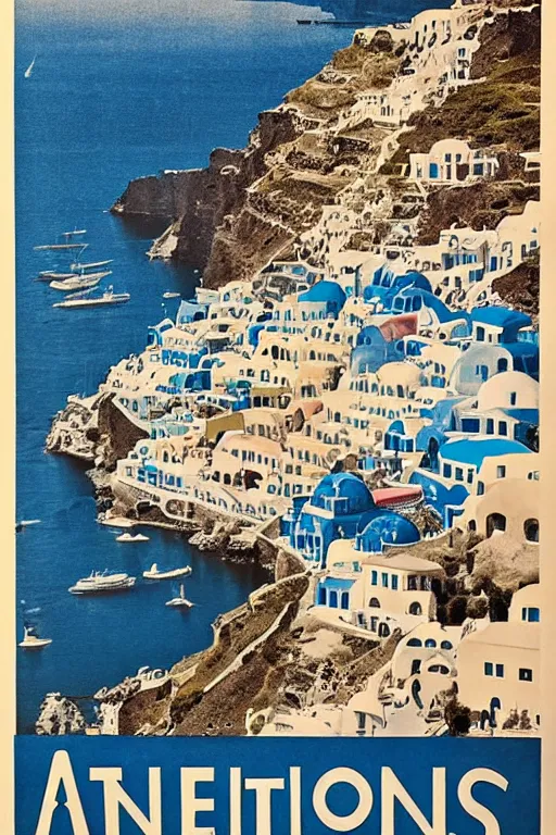 Image similar to Vintage Travel Poster of Santorini Greece, famous blue and white churches, rule of thirds