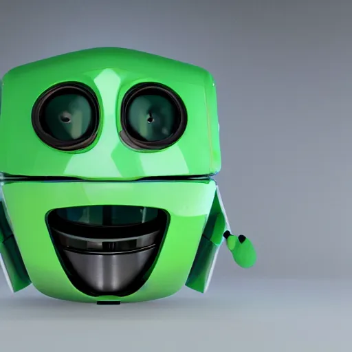 Prompt: adorable green robot, glossy render, symmetrical face, symmetrical eyes, rendered with octane, unity 5, 3 0 9 0 ti, portrait, great lighting, close up