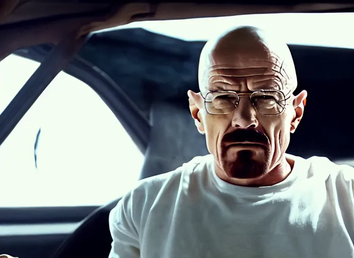 Prompt: film still of walter white as dominic toretto in furious 7 movie ( 2 0 1 5 ), 8 k