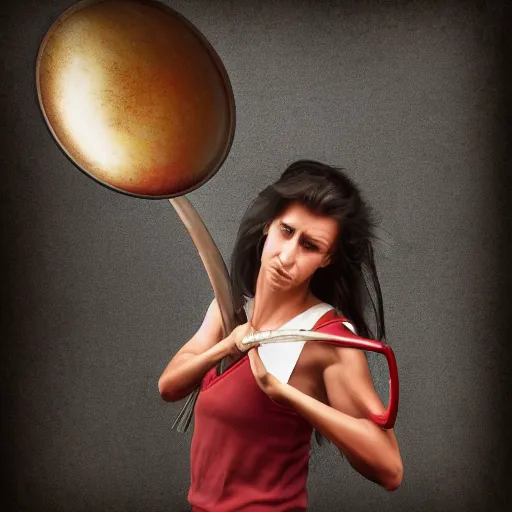 Image similar to a woman warrior holding a frying pan. high definition. hyper realistic. digital art