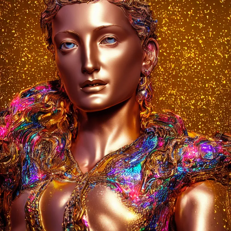 Prompt: octane render portrait by wayne barlow and carlo crivelli and glenn fabry, an incredibly realistic shiny reflective high - end colorful statue of a roman goddess made out of pored resin surrounded by flying colorful sparks, cinema 4 d, ray traced lighting, very short depth of field, bokeh