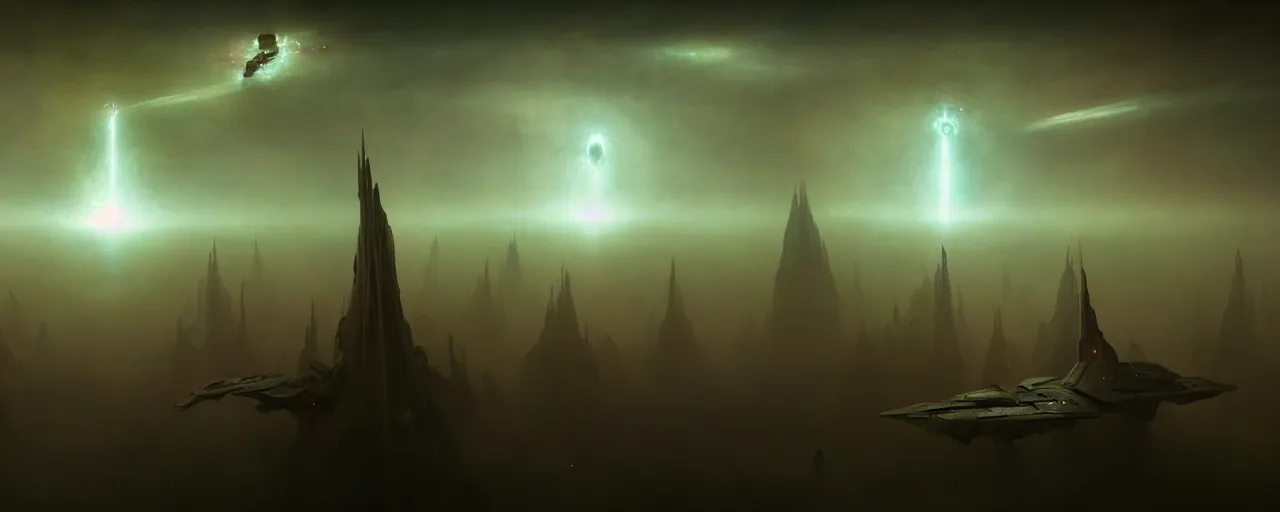 Prompt: dark space opera, epic beautiful space scifi, eve online, in the style of beksinski, highly detailed, chiaroscuro, volumetric lighting, octane render, majestic, mysterious, double - exposure, light, tones of black in background, sublime, soft lighting, ray tracing global illumination, translucid luminescence, lumen reflections