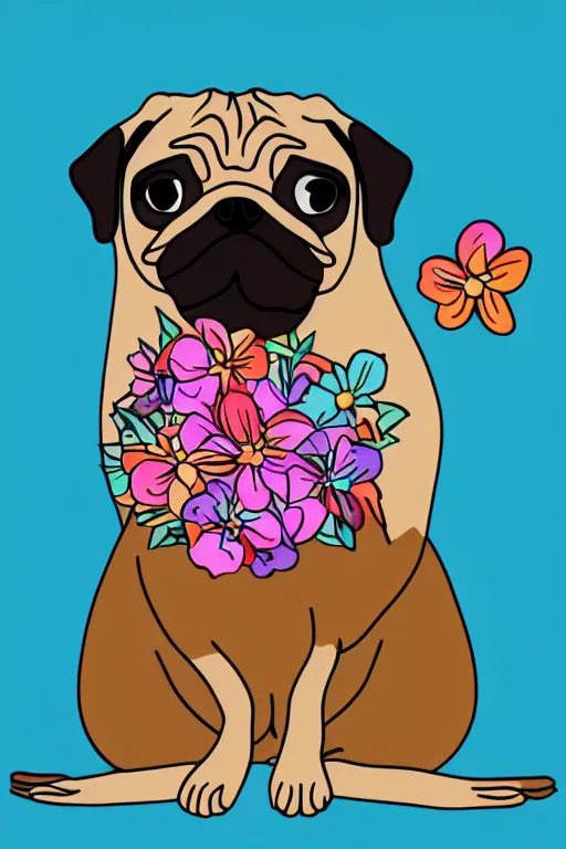 Image similar to pug eating flower. art by samantha mash, sticker, colorful, illustration, highly detailed, simple, smooth and clean vector curves, no jagged lines, vector art, smooth