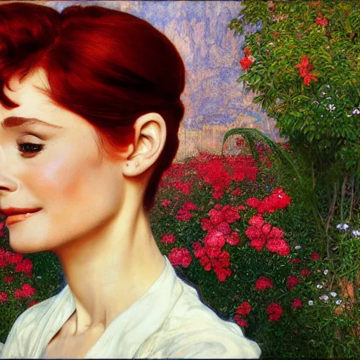 Image similar to Audrey Hepburn with red hair and long pixie haircut in shorts and white shirt drawn by Donato Giancola and Jon Foster, frank frazetta, alphonse mucha, background by James Jean and gustav klimt, 4k, volumetric lighting, french nouveau, trending on artstation, octane render, hyperrealistic