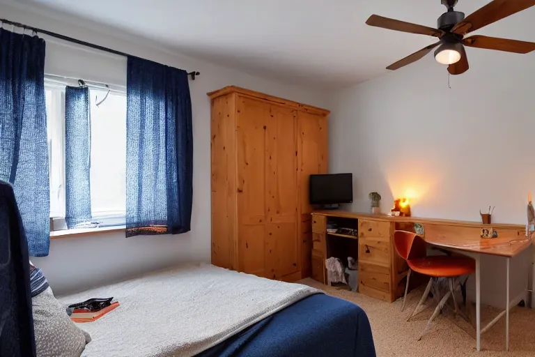 Image similar to a 10 by 11 foot room with a bed, desk, two wooden wardrobes, a little side table in a light wood veneer, a window, desk fan, table light, and an old TV, navy blue low pile carpet, and a ceiling fan gives off a dim orange light