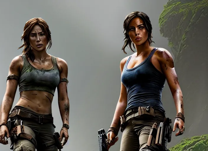 Image similar to film still of!!!! chloe bennett!!! as lara croft in new tomb raider movie, 8 k