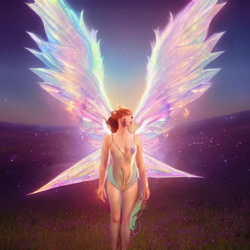 Image similar to an iridescent unicorn with translucent wings frolicking in a field of marijuana, a nebula is in the sky, art by artgerm and greg rutkowski and alphonse mucha, concept art, octane render, unreal engine 5, highly detailed, high quality, 8 k, soft lighting, path traced