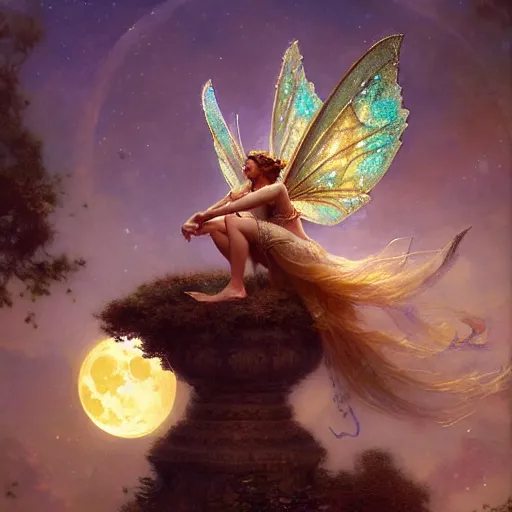 Image similar to attractive fairy queen fly high in the night, fantasy, full moon in background. hyper detailed painting by gaston bussiere, craig mullins, j. c. leyendecker, mid shot, 8 k, cryengone, cinematic lighting, beautiful,