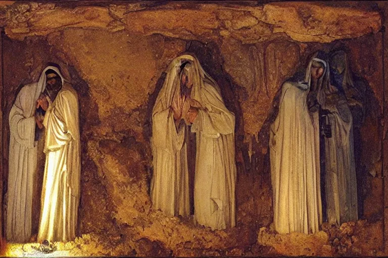 Prompt: inside the tomb of jesus, dark scene, light coming in from the left, small steps leading down, 3 marys crouching in colored robes at the tomb | 2 angels on the right side | medium close | fibonacci composition, jean - joseph benjamin - constant