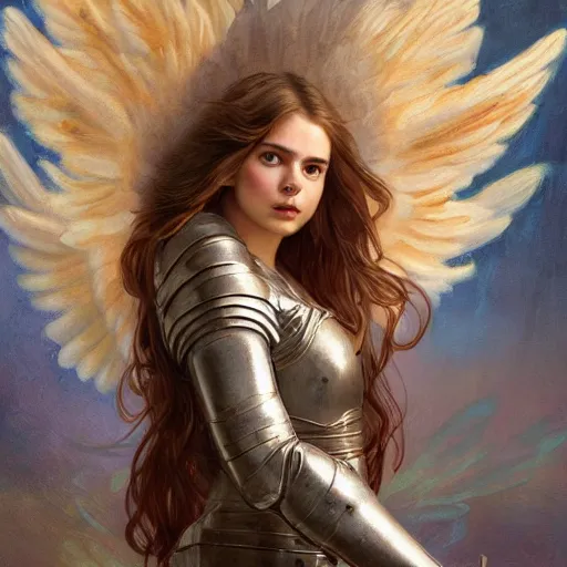 Image similar to portrait of young aasimar angel girl maiden wearing comfy leather armor with beautiful feathered angel wings, cute face, brown eyes, Alison Williams, Emma Roberts, by artgerm and greg rutkowski and alphonse mucha and andrei riabovitchev, 4k oil on linen, vivid colors, colorful, photorealistic, high dynamic range, HDR, intricate, elegant, highly detailed, digital painting, artstation, concept art, smooth, sharp focus, illustration, mid-shot, medium shot, hyperdetailed