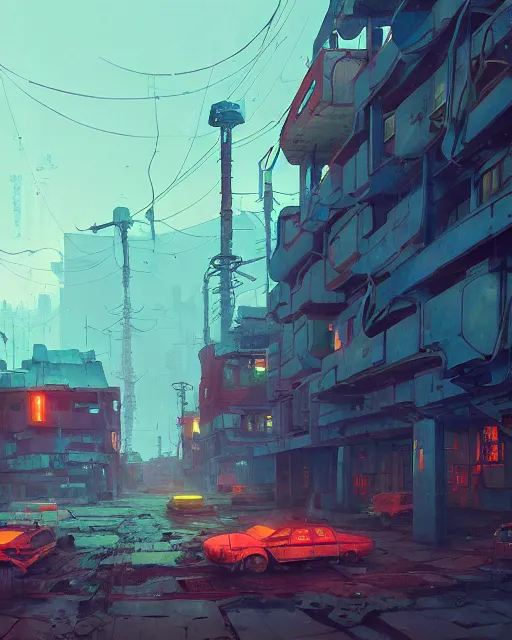 Image similar to painting of old ruined cyberpunk soviet village, detailed, by simon stalenhag, cory loftis, james gilleard, atey ghailan, makoto shinkai, goro fujita, studio ghibli, rim light, exquisite lighting, clear focus, very coherent, plain background, soft painting